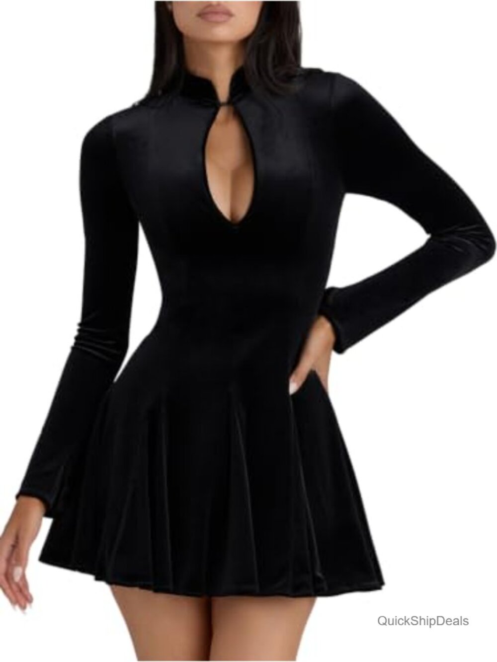 Velvet Long Sleeve Fit and Flare Mini Dress Keyhole Neck